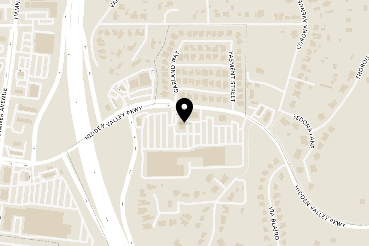 Map showing the location of La Tia Tacos & More on 510 Hidden Valley Pkwy STE 101 in Corona
